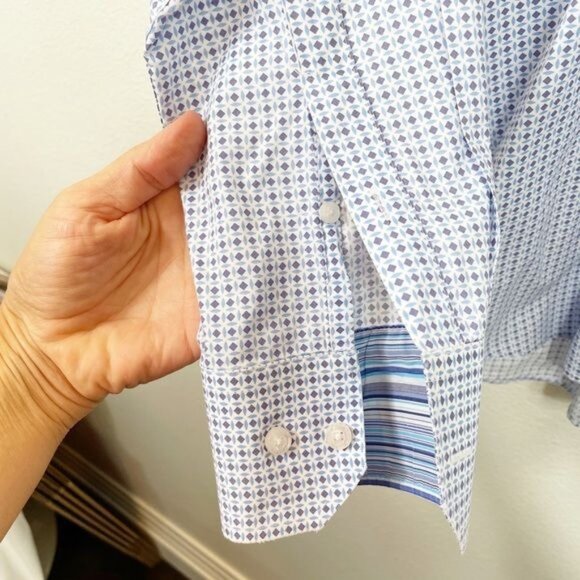 Tallia Navy Lavender Geometric Print Button Down Shirt Size Large 16.5" Classic - Picture 7 of 9